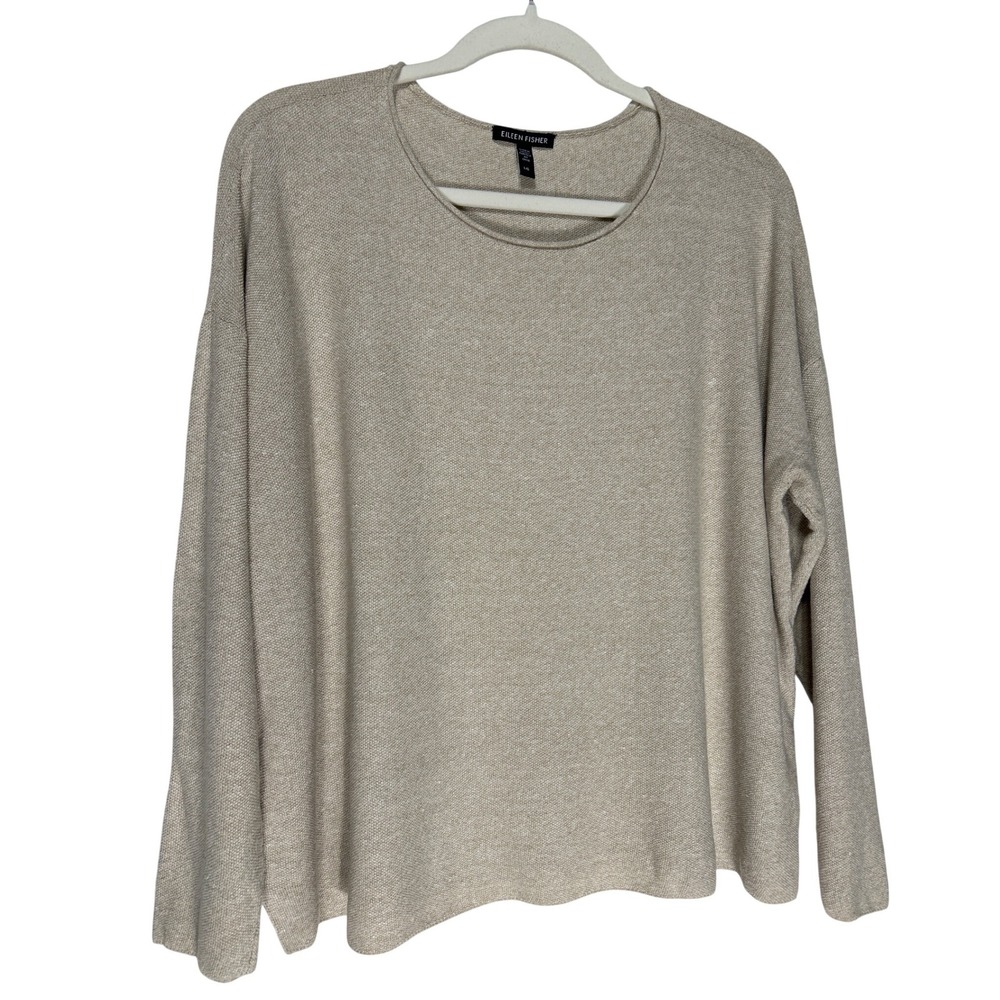 Eileen Fisher Organic Linen Cotton Sweater Beige Boxy Knit Top Large Retail $198